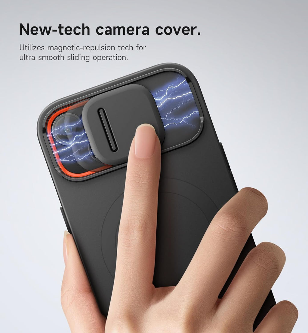 SURITCH for iPhone 15 Case with Magnetic Camera Slide Cover and Adjustable Kickstand, Compatible with MagSafe, Shockproof Bumper Case Slim Protective Cover 6.1 Inch, Black