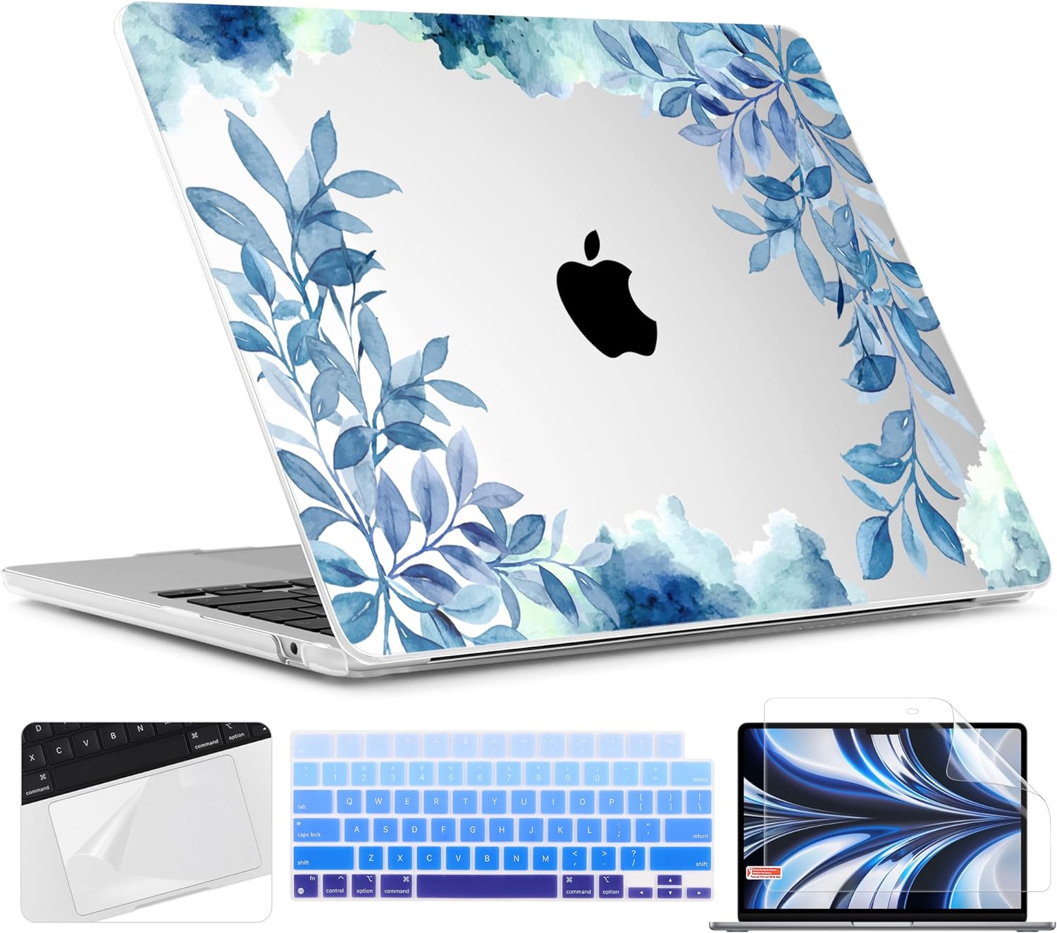 TWOLSKOO for M4 MacBook Air 13.6 inch Case 2025-2022 Release M4 A3240 M3 A3113 M2 A2681, Plastic Hard Shell & Screen Protector & Keyboard Cover & Trackpad Film, Blue Floral