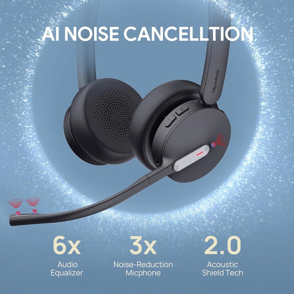 Yealink WH64 Hybrid Dual Wireless Headset with DECT Dongle, 492ft Range,Teams Zoom,Skype, UC,Bluetooth On Ear Work Headphones with 3X Noise Cancelling Mic, 32H Talk Time, Office PC, Computer,IP Phone