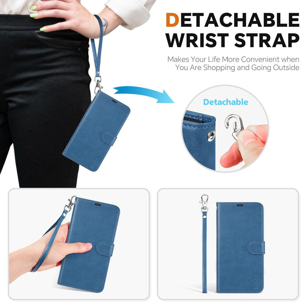 TUCCH Case Wallet for Galaxy S25 Edge, Removable [Wireless Charging] Wrist Strap PU Leather Magnetic Stand RFID Blocking [4 Card Slots] Detachable Protective Folio for Galaxy S25 Edge 6.7", Light Blue