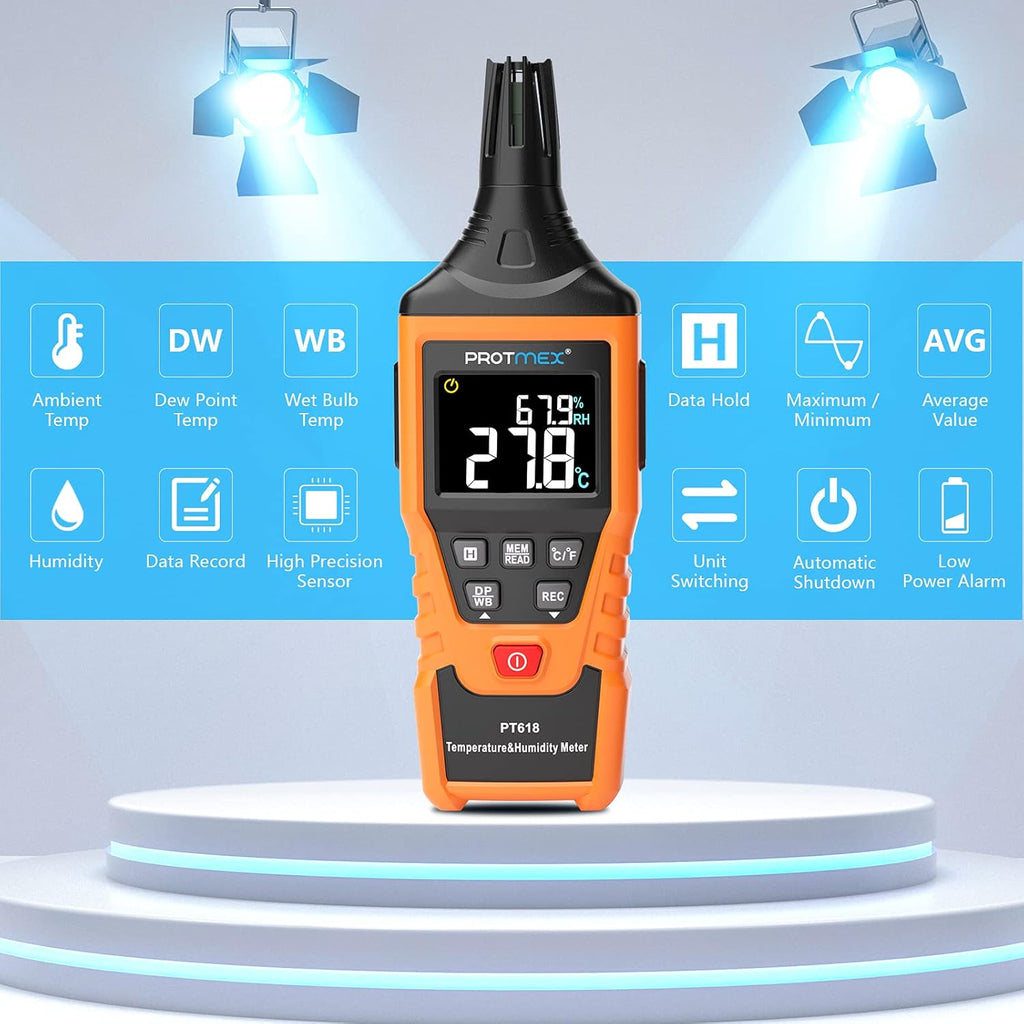 Protmex PT618 Temperature Humidity Meter, Thermometer Hygrometer Monitor with Ambient, Dew Point, Wet Bulb for Indoor/Outdoor MIN, MAX, Data Hold, LCD Backlight