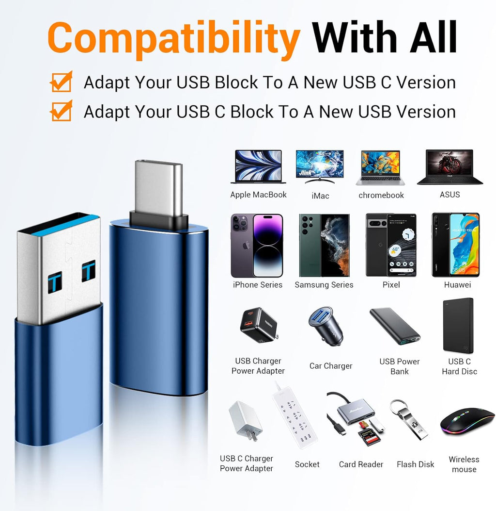 Temdan USB to USB C Adapter 4 Pack,【2*Type C Female to A Male Charger Converter】&【2*USB C Male to USB Female】 OTG Adapter for Apple Watch Ultra 8 9,iPhone 15 Pro Max 14 13 12,AirPod,Samsung - Blue