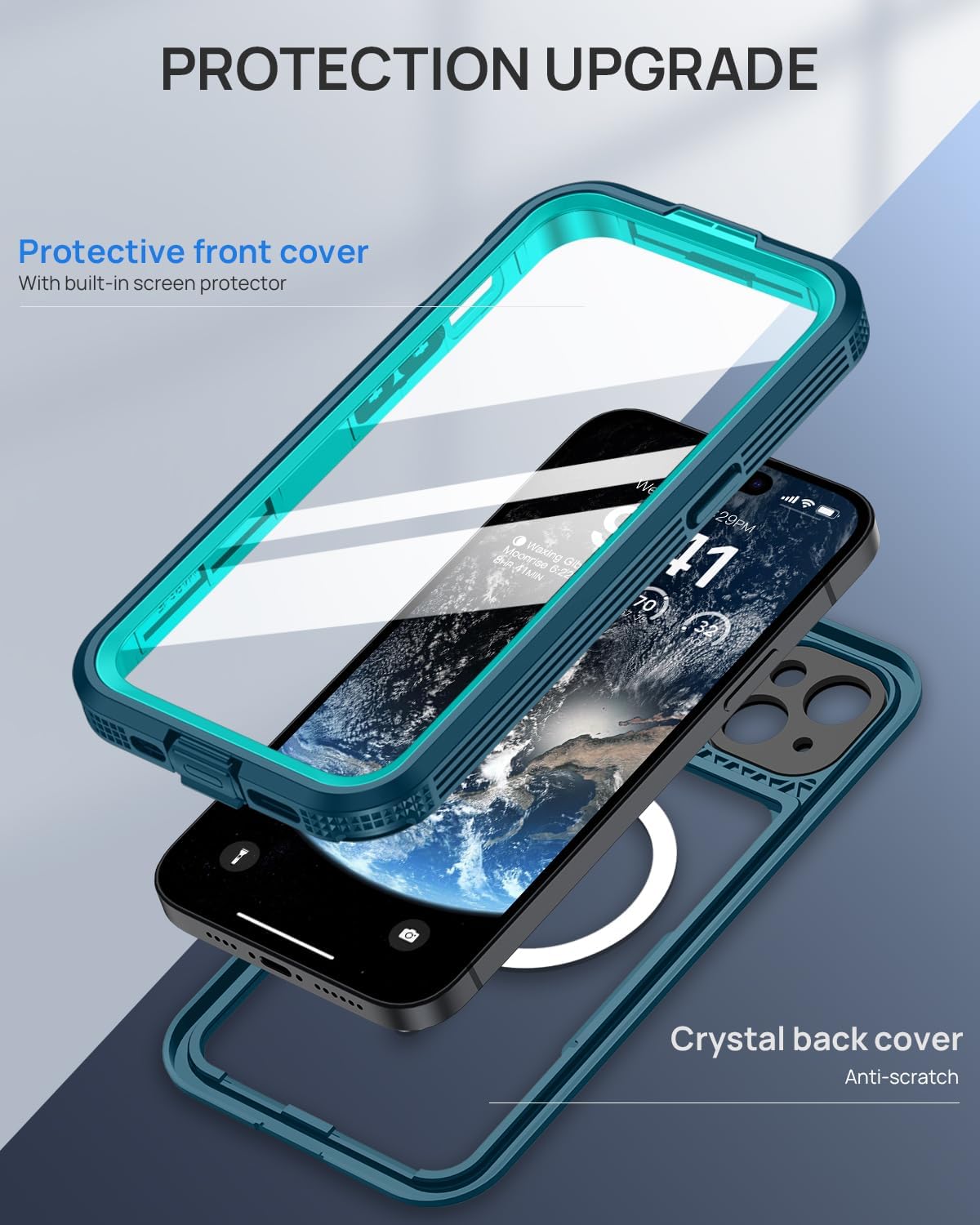 Lanhiem Magnetic for iPhone 15 Case, IP68 Waterproof Dustproof Case, [Compatible with Magsafe] [Built-in Screen Protector] Full Body Heavy Duty Rugged Phone Cover 6.1 inch, Blue/Clear