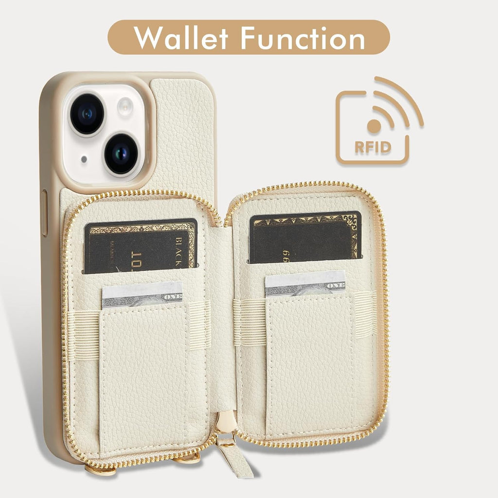 ZVE for iPhone 15 Crossbody Wallet Case, Card Holder Phone Purse for Women, RFID Blocking Zipper Carrying Leather Cover with Wrist Strap for iPhone 15 (6.1 inch)- Beige