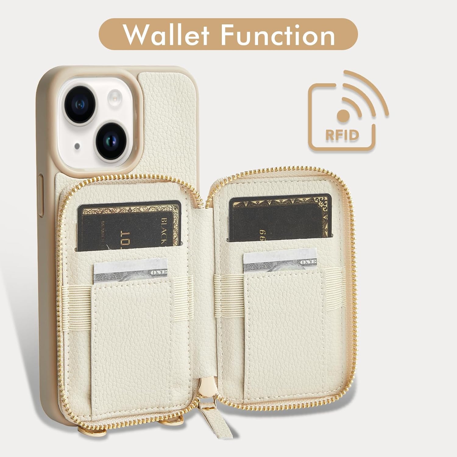 ZVE for iPhone 15 Crossbody Wallet Case, Card Holder Phone Purse for Women, RFID Blocking Zipper Carrying Leather Cover with Wrist Strap for iPhone 15 (6.1 inch)- Beige