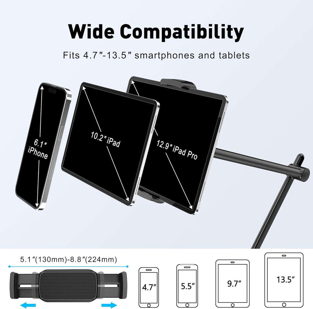 AboveTEK Tablet Stand Holder, Aluminum iPad Holder for Desk & Bed, Adjustable Arm Clamp Mount with 360° Rotation, Overhead Compatible with 4.7"-13.5" iPad Pro/Air/Mini, iPhone, Galaxy Tab- Black