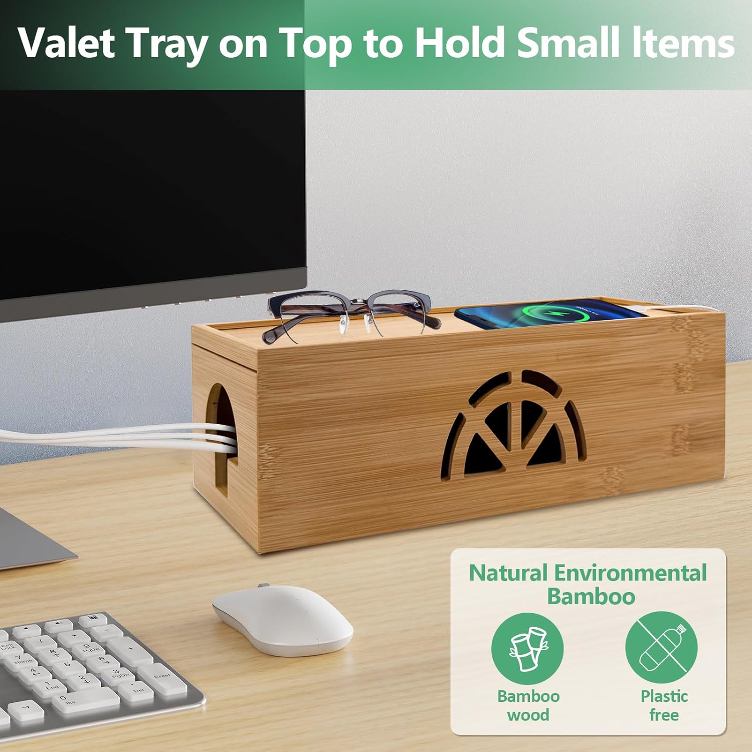 Bamboo Cable Management Box,Extra Large Cord Organizer Box,Power Strips Hider,Plug Strip Cord Box,Outlet Holder,Cords Concealer,Wires Covers,Desk & Floor Tidy Solution (Sliding lid)