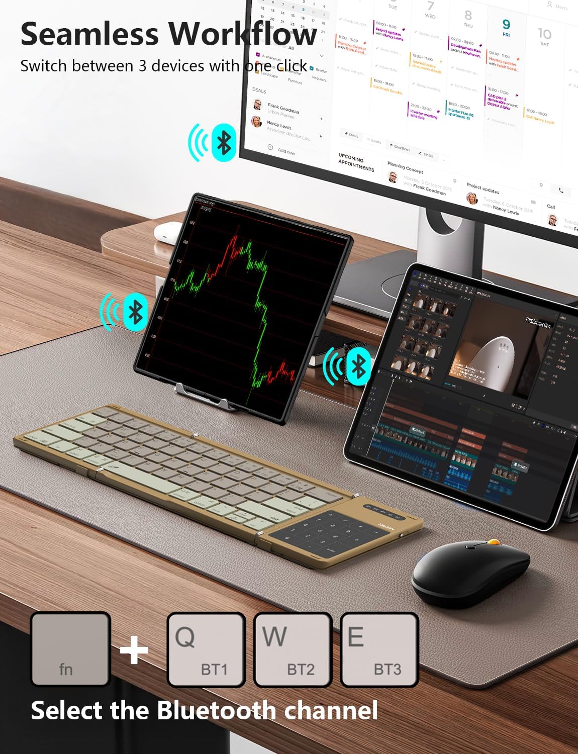 Nillkin Foldable Bluetooth Keyboard with Touchpad & Number Pad, Portable Bluetooth Keyboard with Full Size Keys, Pocket-Sized Wireless Travel Keyboards for iPad, Smartphone, Tablet and Laptop Khaki