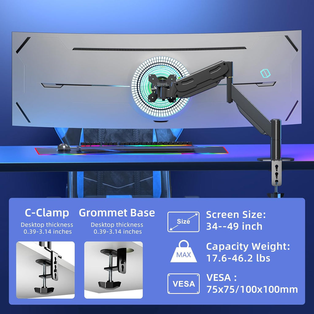 Pholiten Premium Aluminum Heavy Duty Monitor Arm，Ultrawide Monitor Arm,Full Motion Single Computer Mount for Computer Screens up to 49 inchs and 46.2lbs,Adjustable Clamp and Grommet Vesa Mount.