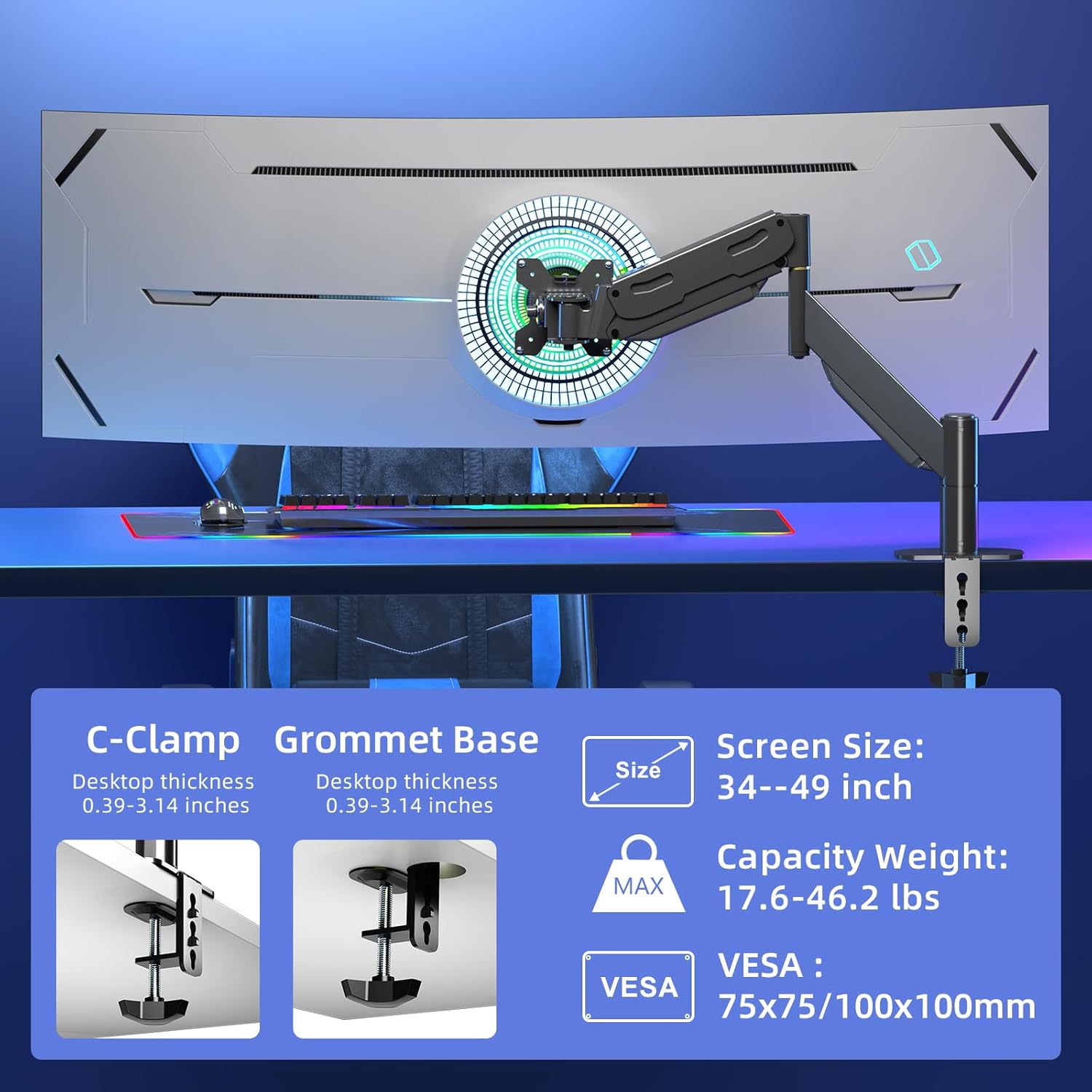 Pholiten Premium Aluminum Heavy Duty Monitor Arm，Ultrawide Monitor Arm,Full Motion Single Computer Mount for Computer Screens up to 49 inchs and 46.2lbs,Adjustable Clamp and Grommet Vesa Mount.
