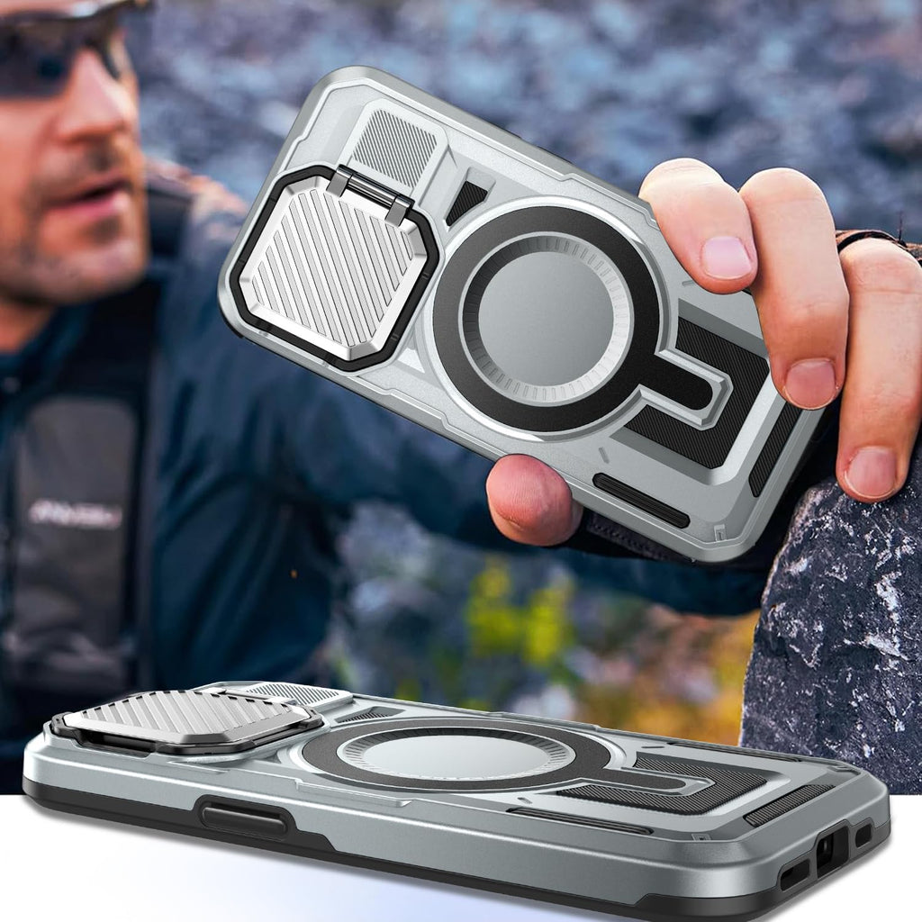 Camera Stand Case for iPhone 15 Plus, [Compatible with Mag Safe] [Lens Cover] 2024 Version Military Grade Protective Soft Case for iPhone 15 Plus 6.7 inch Men Women, Grey