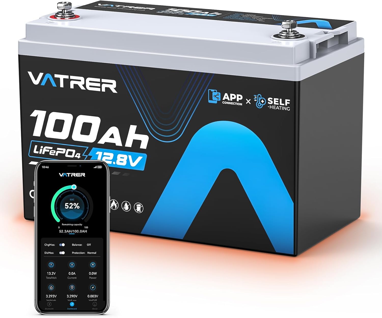 12.8V 100AH Group 31 Bluetooth LiFePO4 Lithium Battery with Self-Heating, Built-in 100A BMS, High/Low Temp Cutoff, Supports Low Temp Charging(-4°F), 5000+ Cycles, Perfect for RV/Camping,Off-Grid,Solar