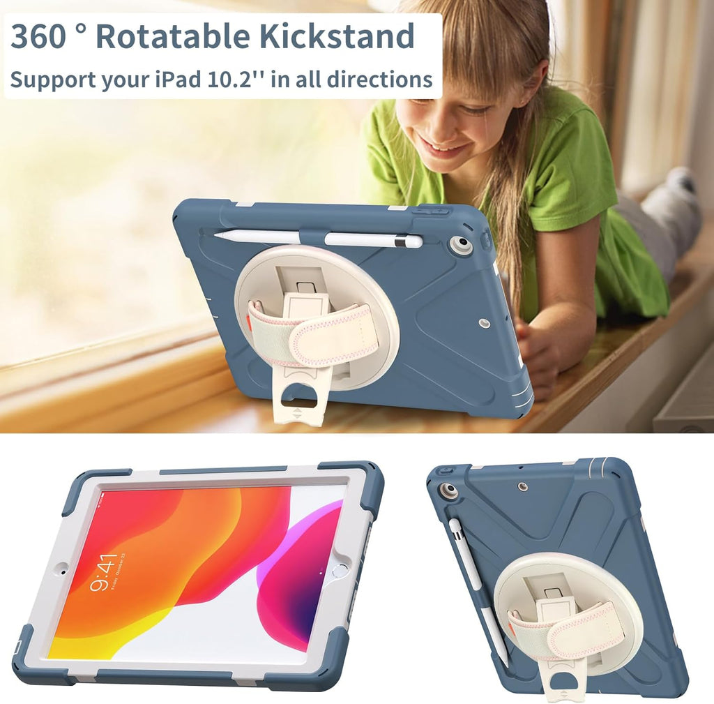 ZenRich Shockproof Case for iPad 9th/8th/7th Generation 10.2 inch 2021/2020/2019, Heavy Duty Rugged Case with Pencil Holder/360° Rotating Kickstand/Handle/Carrying Strap, CronflowerBlue