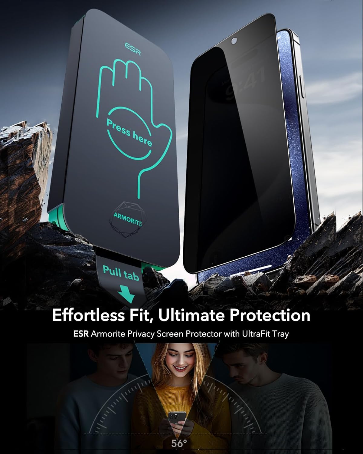 ESR 3 Pack 9H+ Glass for iPhone 15 Pro Privacy Screen Protector, [Military Grade Shatterproof & Longest Durable] Armorite Anti-spy Tempered Glass with UltraFit Tray