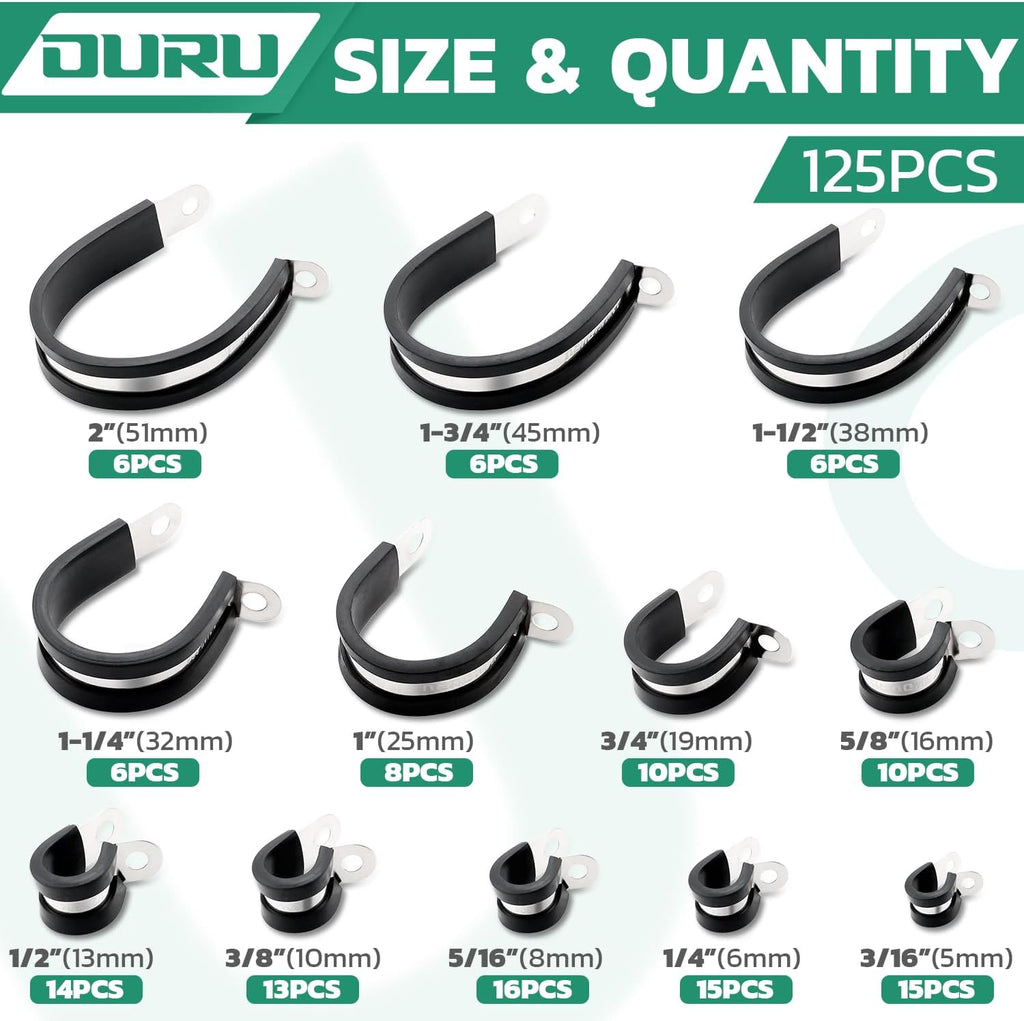 125PCS Cable Clamp,12 Sizes Stainless Steel Rubber Coated Cushioned Insulated Cable Clamps Assortment Kit-Metal Wire Clamps,Cable Clips,Pipe Clamps