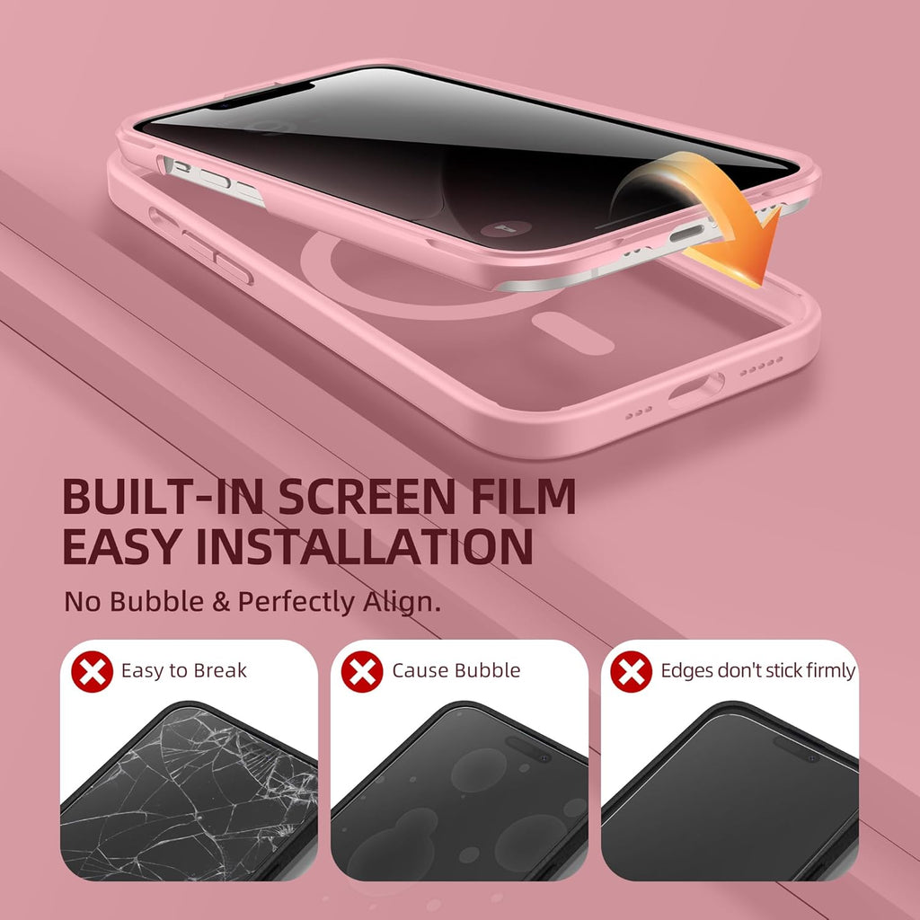 BERFY Magnetic for iPhone 14 Case, Compatible with MagSafe, Built-in Privacy Screen Protector and Upgraded Camera Protection, Anti-Spy Full Body Shockproof Phone Case for 14 6.1", Pink