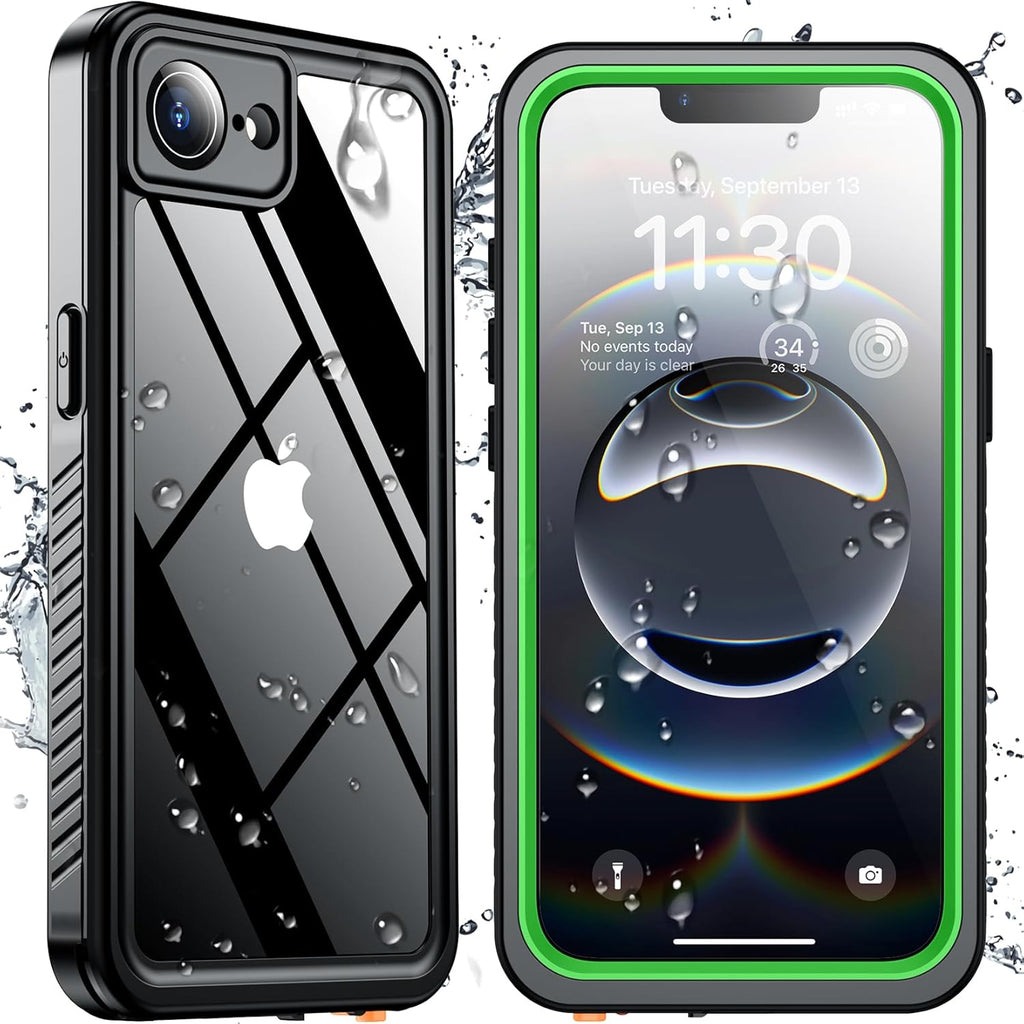 SPIDERCASE for iPhone 16e Case Waterproof,Built-in Screen & Camera Lens Protector[IP68 Underwater] [Military Grade Shockproof] Cell Phone Home Button Stickers, Green/Clear