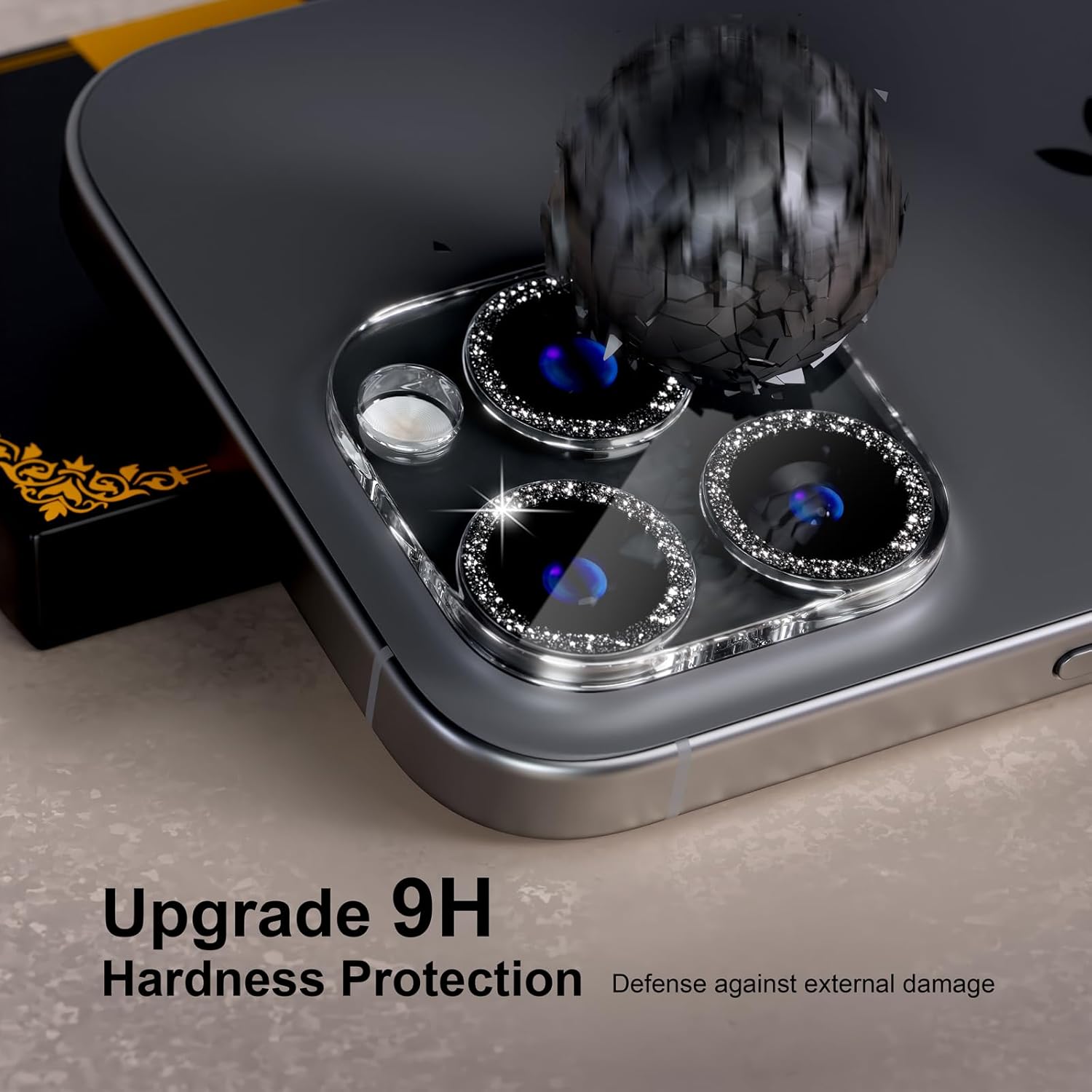 beuxece for 6 Pack iPhone 15 Pro/iPhone 15 Pro Max Camera Lens Protector [Drop Protection] [Case Friendly] [Easy Installation] 9H Tempered Glass Camera Screen Protector Cover, Glitter Black