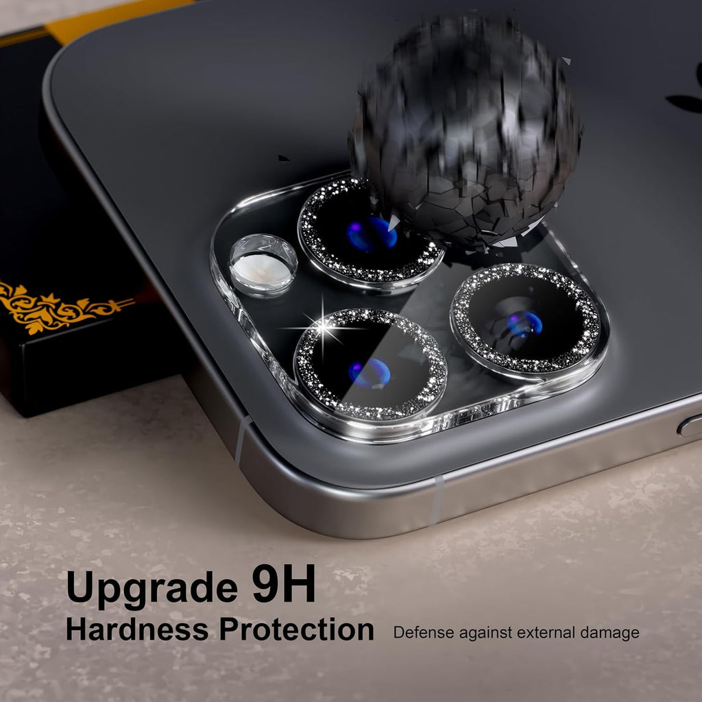 beuxece for 6 Pack iPhone 16 Pro/iPhone 16 Pro Max Camera Lens Protector [Drop Protection] [Case Friendly] [Easy Installation] 9H Tempered Glass Camera Screen Protector Cover, Glitter Black