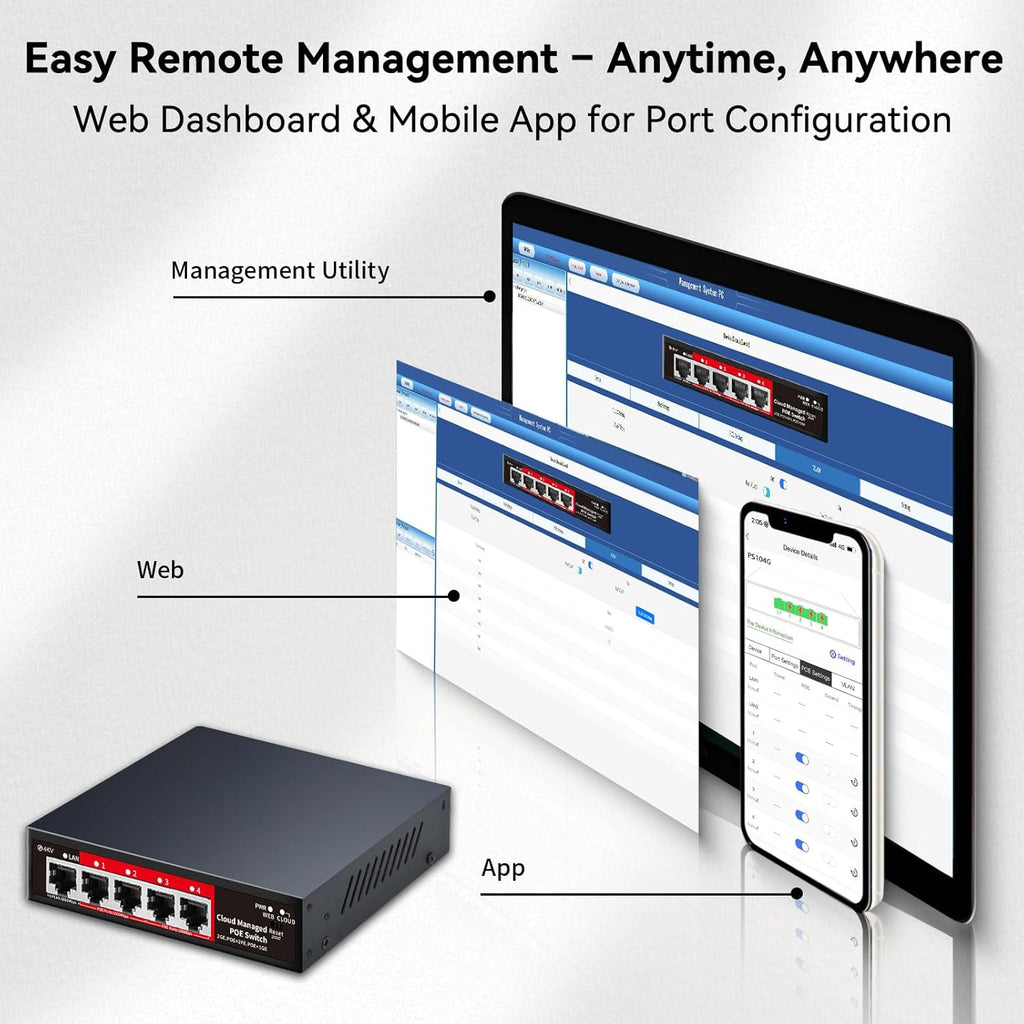 STEAMEMO 5 Port PoE+ Switch | Easy Smart Managed Ethernet Switch | Support VLAN, QoS | 52W Total PoE Budget | Fanless Metal | Plug & Play (Desktop/Wall Mount)
