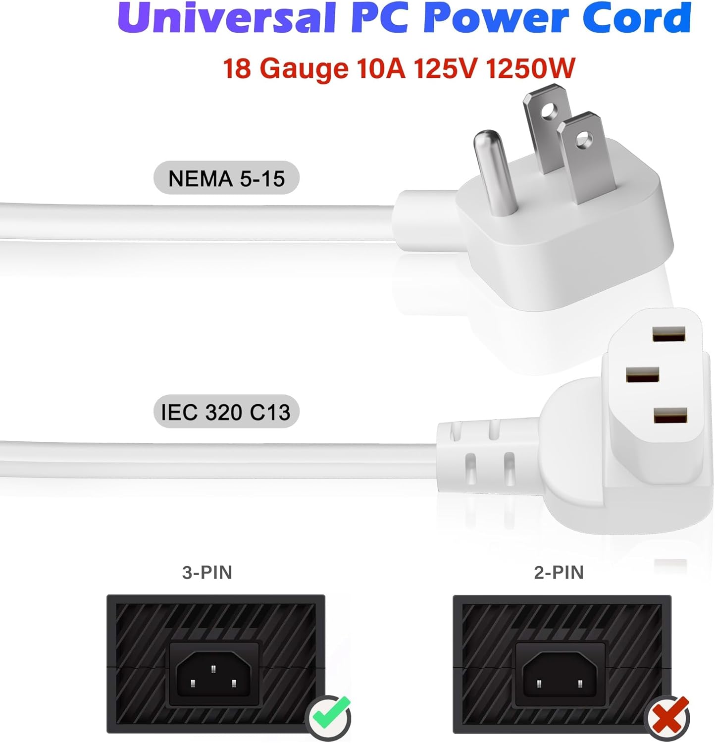Adoreen 2 Ft Computer TV Replacement Power Cord White, Low Profile Flat Plug to 90 Degree Angled L-Shaped 18AWG 3-Prong AC Universal Power Supply Cable for Printer, PC, Monitor TV LCD, ETL+Ties