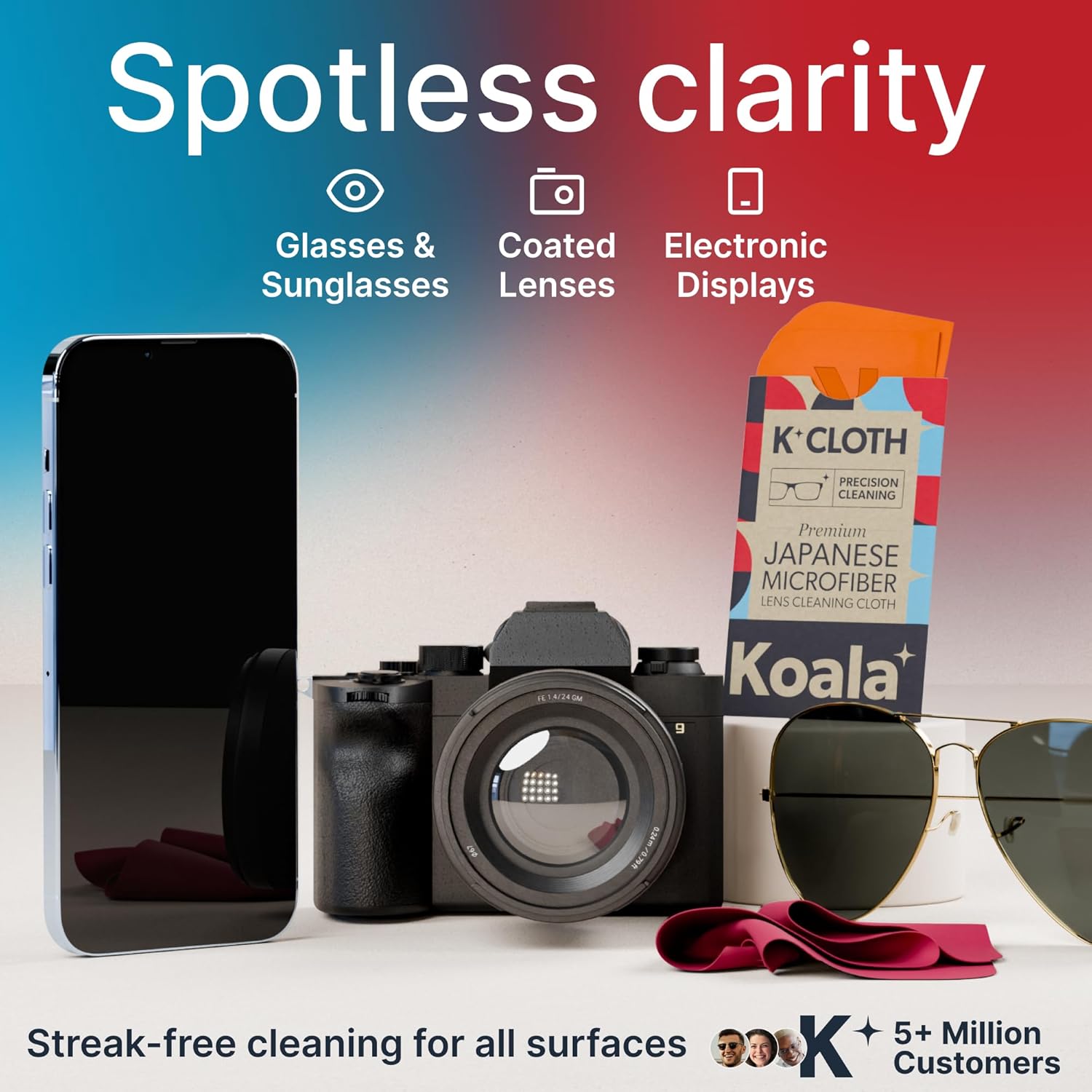 Koala Lens Cleaning Cloth | Japanese Microfiber | Glasses Cleaning Cloths | Eyeglass Lens Cleaner | Eyeglasses, Camera, VR/AR Headset, and Screen Cleaner | Pink & Orange (Pack of 12)