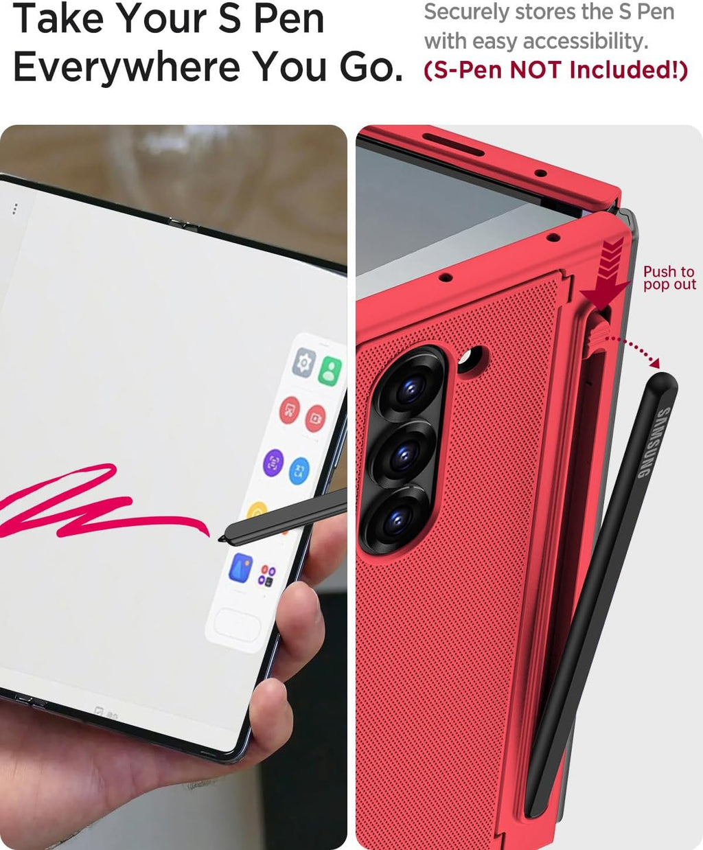 Miimall for Samsung Galaxy Z Fold 6 Case with S Pen Holder Slot [Military Grade Drop] [Built-in Privacy Screen & Invisible Kickstand] Slim Thin Protective Phone Case for Galaxy Z Fold 6 5G Cover Red