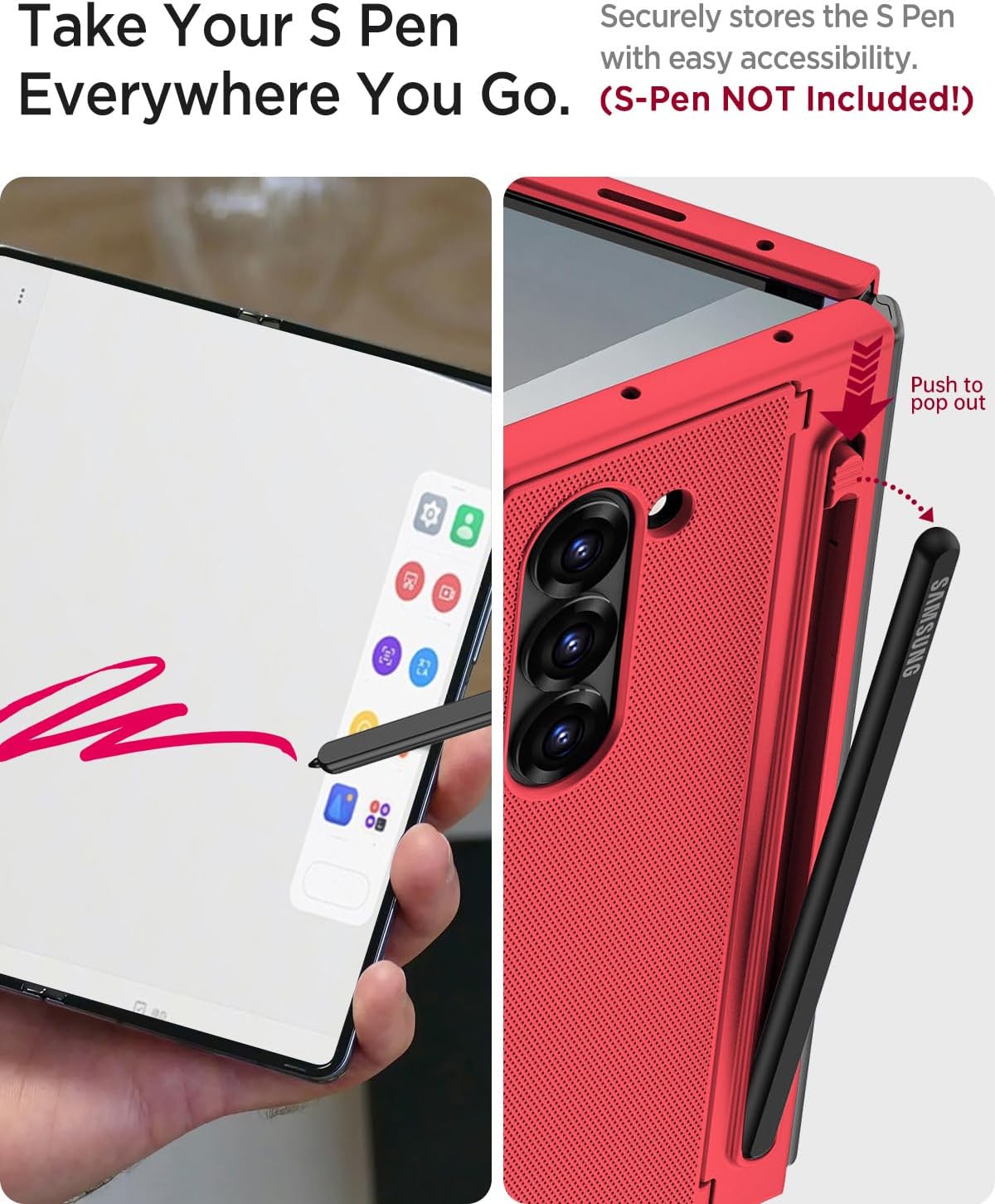 Miimall for Samsung Galaxy Z Fold 6 Case with S Pen Holder Slot [Military Grade Drop] [Built-in Privacy Screen & Invisible Kickstand] Slim Thin Protective Phone Case for Galaxy Z Fold 6 5G Cover Red