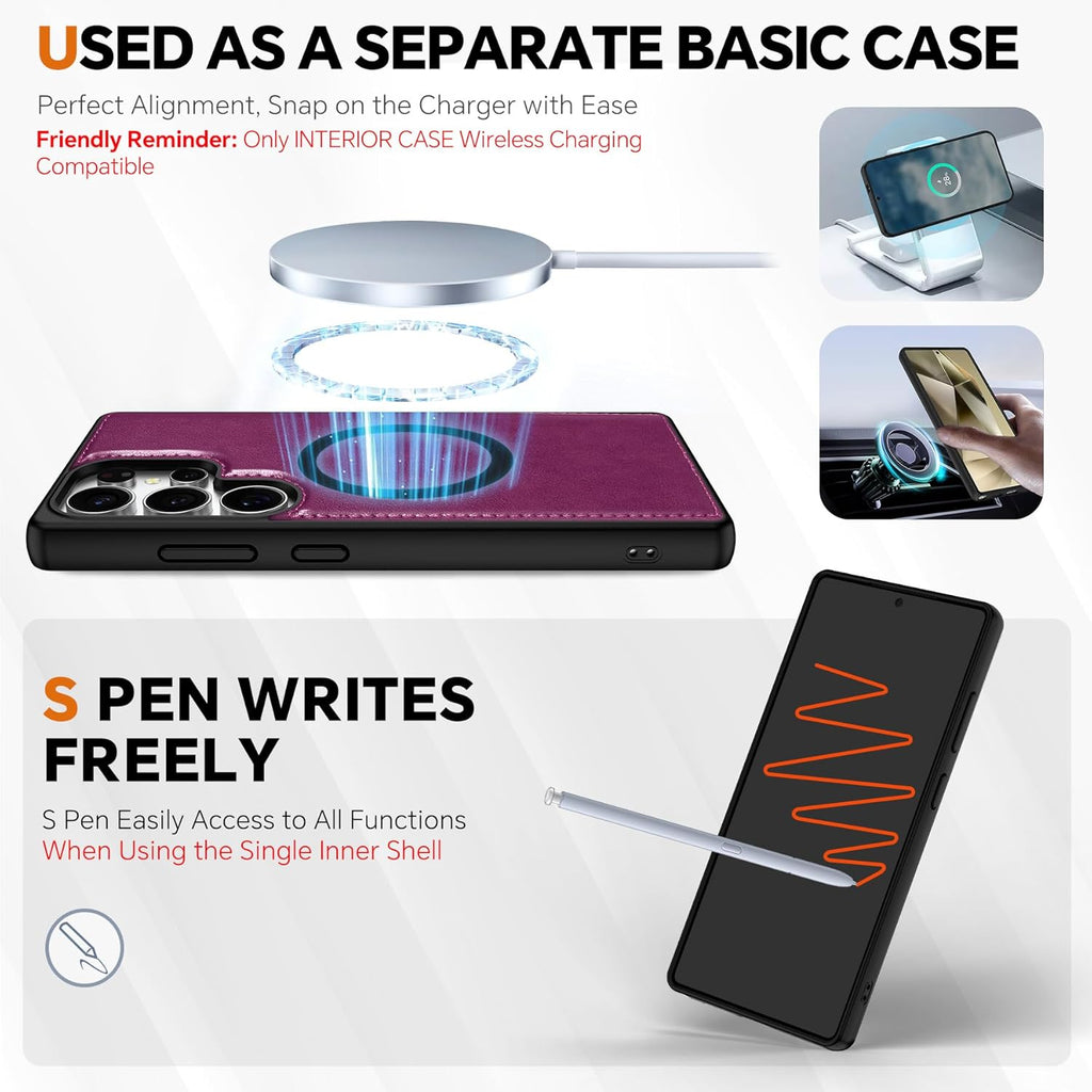 TUCCH Case Wallet for Galaxy S25 Ultra, [Detachable] 2 in 1 Magnetic PU Leather Wrist Strap RFID Blocking Wireless Charging 4 Card Slot Kickstand Removable Flip Cover for Galaxy S25 Ultra, Plum Purple