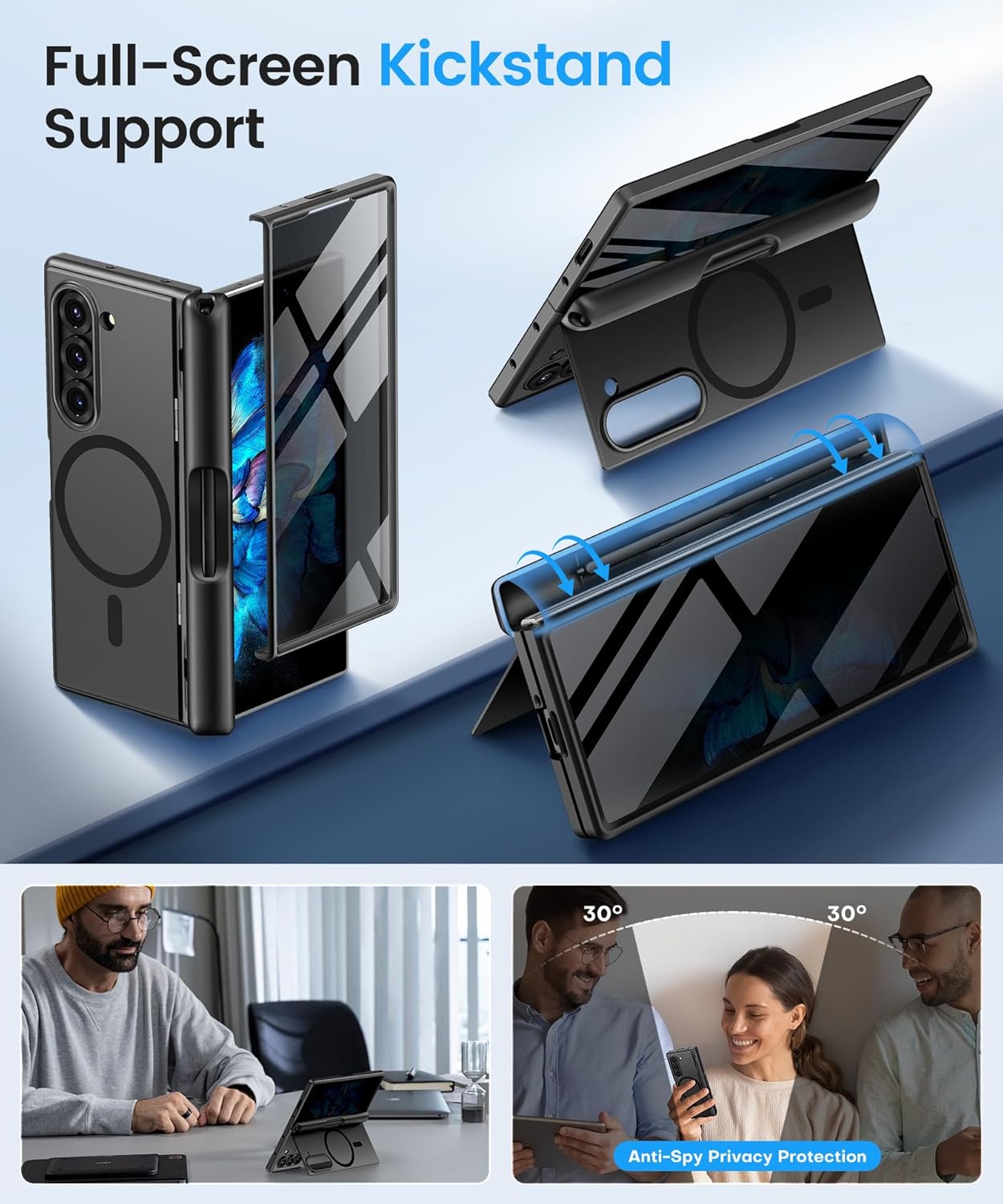 BERFY Magnetic for Samsung Galaxy Z Fold 6 Case with Privacy Screen Protector, [Compatible with MagSafe][Anti Spy]Built-in S Pen Holder & Kickstand, Full-Body Shockproof Phone Case for Z Fold 6, Black