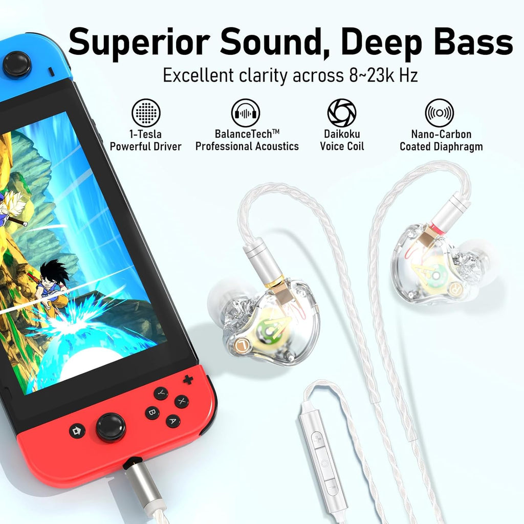 Vibes 202M Wired Earbuds - HiFi in Ear Monitor Headphones - Noise-Isolating Ear Buds w/ Mic - Clear Sound, Deep Bass & Comfort-Fit Gaming Earphones - MMCX to 3.5mm & Silver Plated Cord, Carrying Case