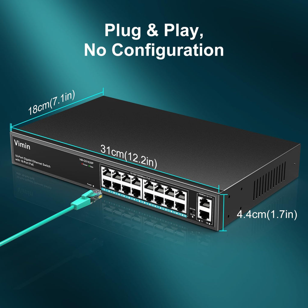 16 Port Gigabit PoE Switch with 2 Uplink Gigabit Ports, VIMIN 18 Port Unmanaged Ethernet PoE Switch with 250W Power, Support IEEE802.3af/at, VLAN, Metal Housing, 19 inch Rack-Mount, Plug & Play