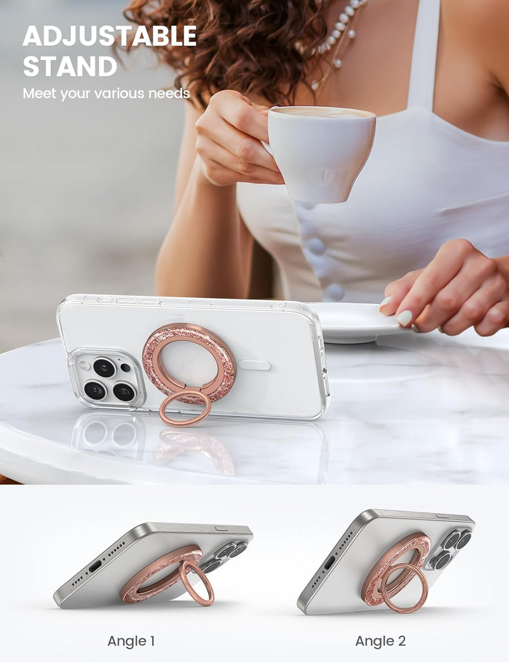 Lamicall Magnetic Twinkle Ring for MagSafe Grip - Stylish Glitter for Mother, Magnet Phone Ring Finger Holder Stand, Upgrade Gear Hinge Mag Safe Accessories for iPhone 16 15 Pro Max, Rose Gold