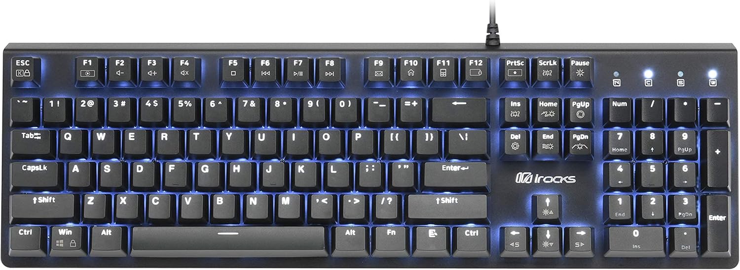 i-rocks K75M Illuminated Mechanical Keyboard, 104 Keys, PBT Keycaps, Backlit LED Light and Shortcut Keys - Programmable Light & Macro Recorder (Cherry MX Red Switch, Black)