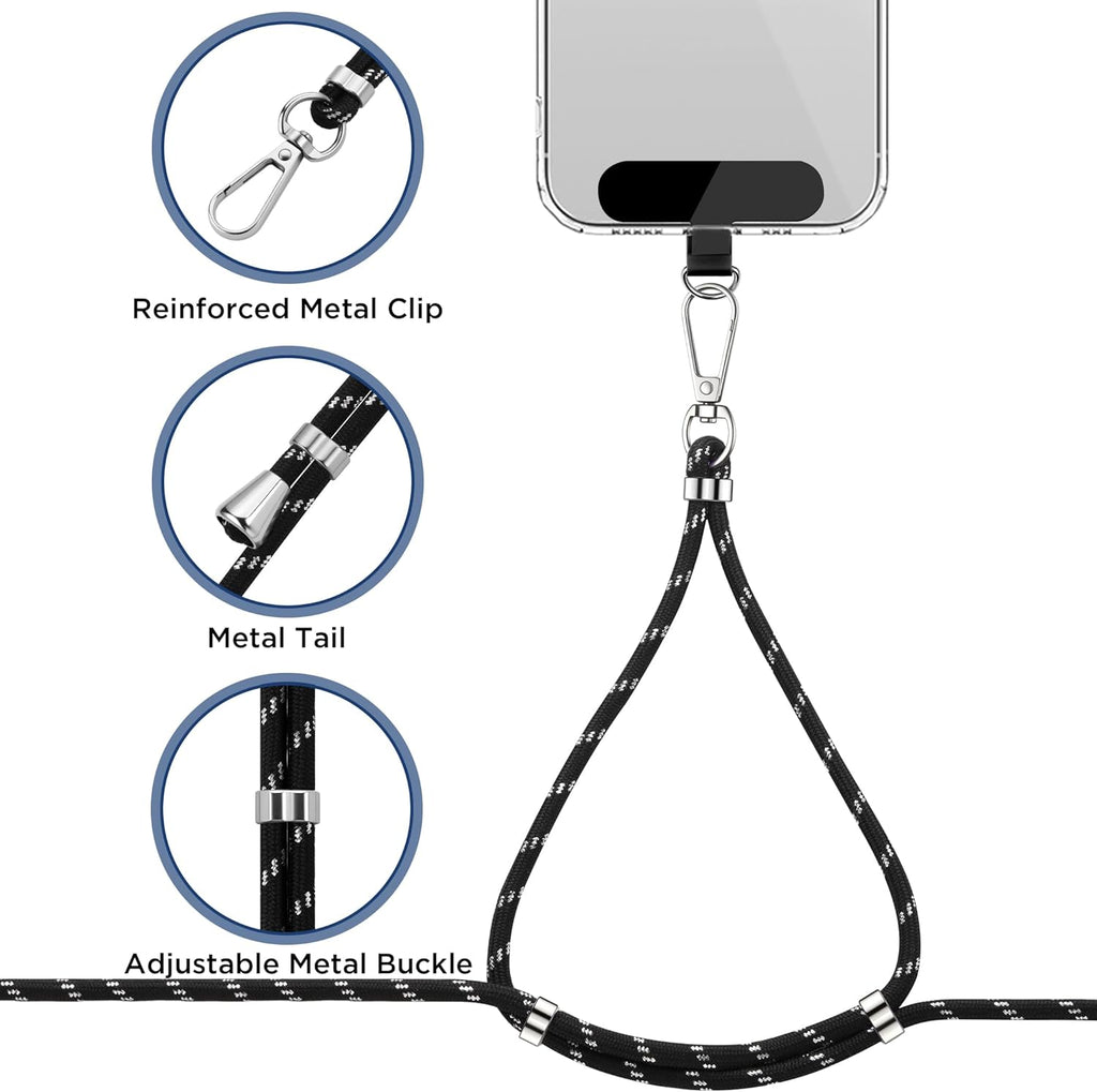 CACOE Cell Phone Lanyard Universal Crossbody Multifuctional Lanyard Compatible with Most Smartphones (Black Silver, 30"（Neck Strap×1）+8"（Wrist Strap×1）)