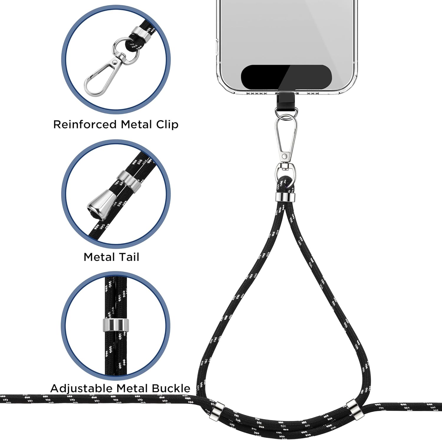 CACOE Cell Phone Lanyard Universal Crossbody Multifuctional Lanyard Compatible with Most Smartphones (Black Silver, 30"（Neck Strap×1）+8"（Wrist Strap×1）)