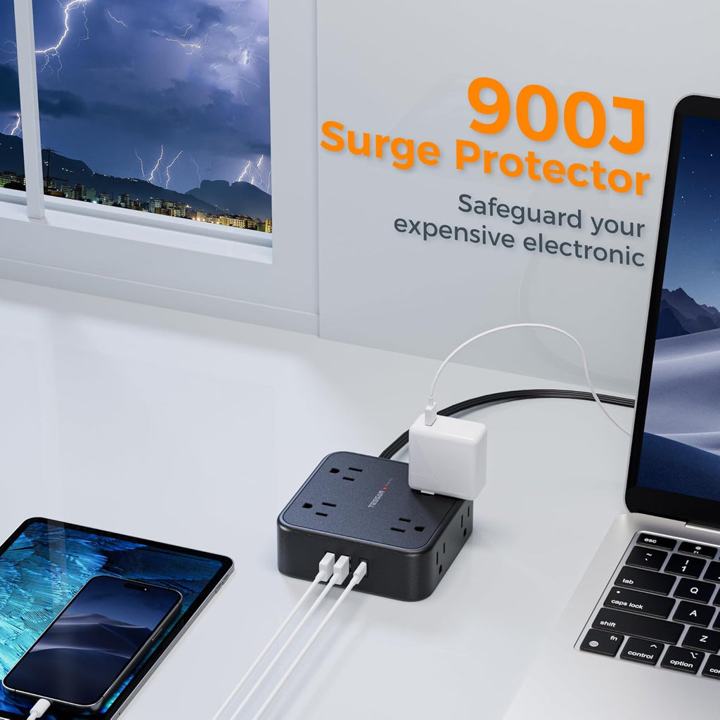 TESSAN Surge Protector Flat Plug Power Strip, Black Extension Cord, 8 AC Outlets, 3 USB Charger(1 USB C Port) 3 Side Outlet Extender, 5 Ft, 900 Joules Protection, Office Supplies, Dorm Essentials