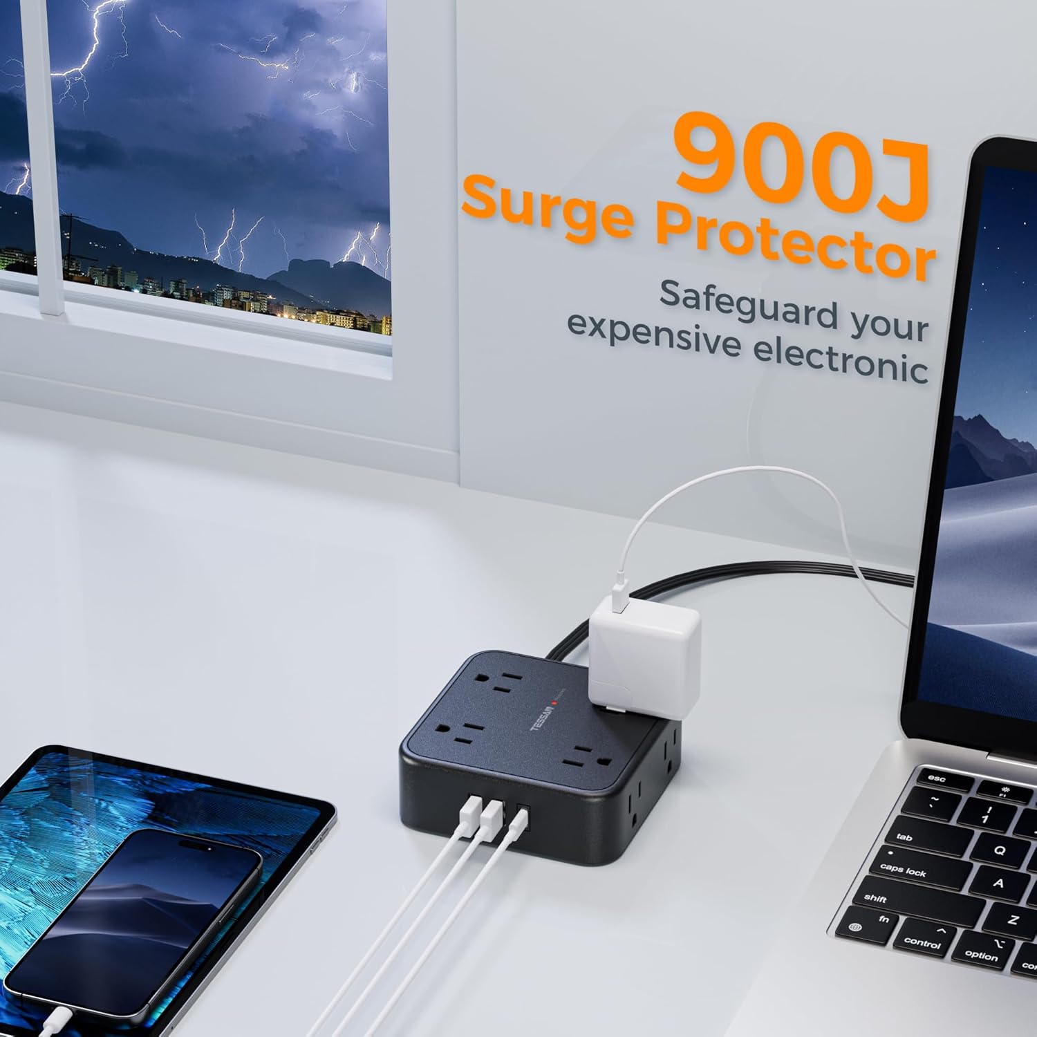 TESSAN Surge Protector Flat Plug Power Strip, Black Extension Cord, 8 AC Outlets, 3 USB Charger(1 USB C Port) 3 Side Outlet Extender, 5 Ft, 900 Joules Protection, Office Supplies, Dorm Essentials