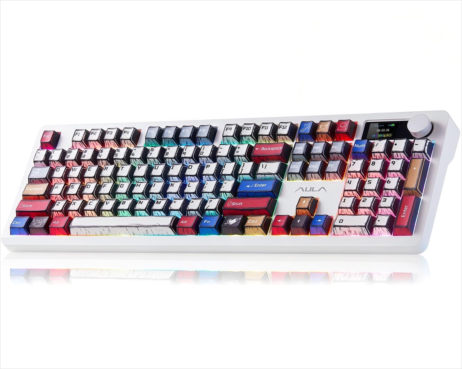 AULA F106 PRO Mechanical Keyboard,Full Size Gaming Keyboard with Hot Swappable Knob & Screen,Tri-Mode RGB Backlit with 8000mAh for PC/Laptop/Windows - Blaze Switch,Comic Mix