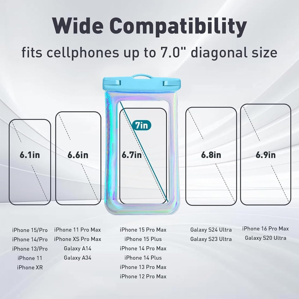 Floatable Waterproof Phone Pouch Case for iPhone 16 Pro Max/15/14/13/12, IP68 Travel Cellphone Waterproof Phone Pouch, Iridescent Blue,1 Pack