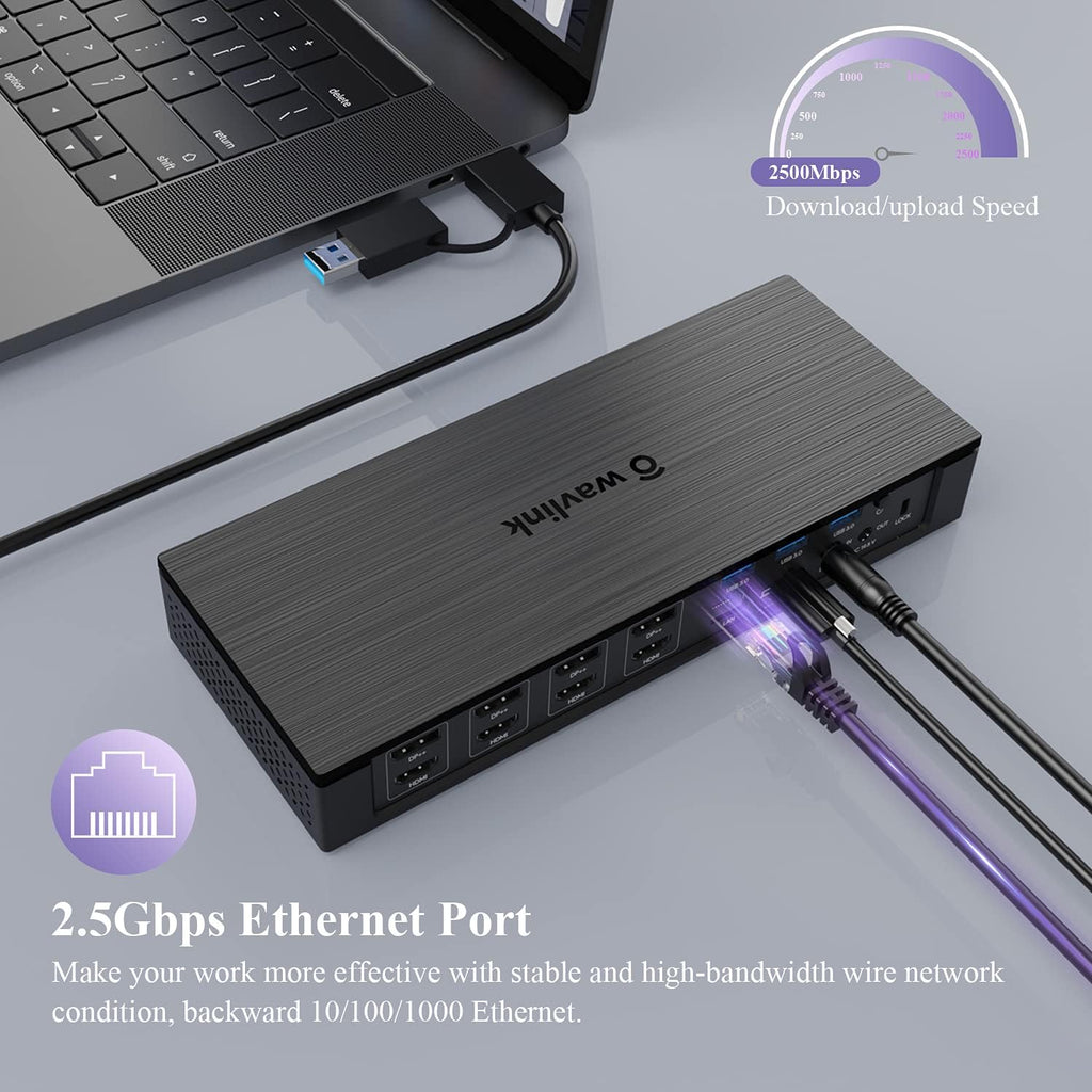 WAVLINK DisplayLink Laptop Docking Station - Quad Monitor 5K/4K@60Hz, 100W Charging - Thunderbolt 4/3, USB-C/A - M1 M2 Mac/Windows/Chrome/Ubuntu - 4 HDMI, 4 DP, 180W Power, SD 4.0 CR, 2.5Gbps LAN