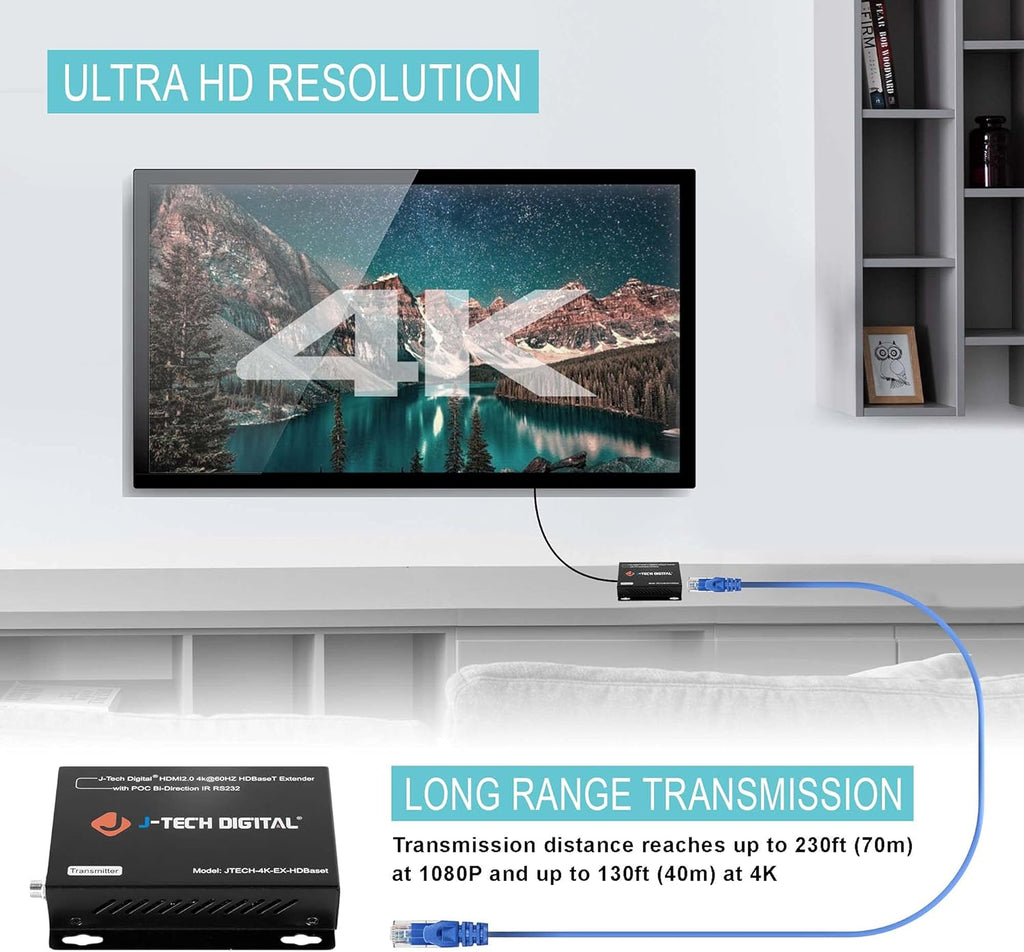 J-Tech Digital 4K HDBaseT HDMI Extender Over Cat5e/6 Ethernet up to 230ft (1080P) 130ft (4K), Supports HDCP 2.2/1.4, RS232, Bi-Directional IR and PoC