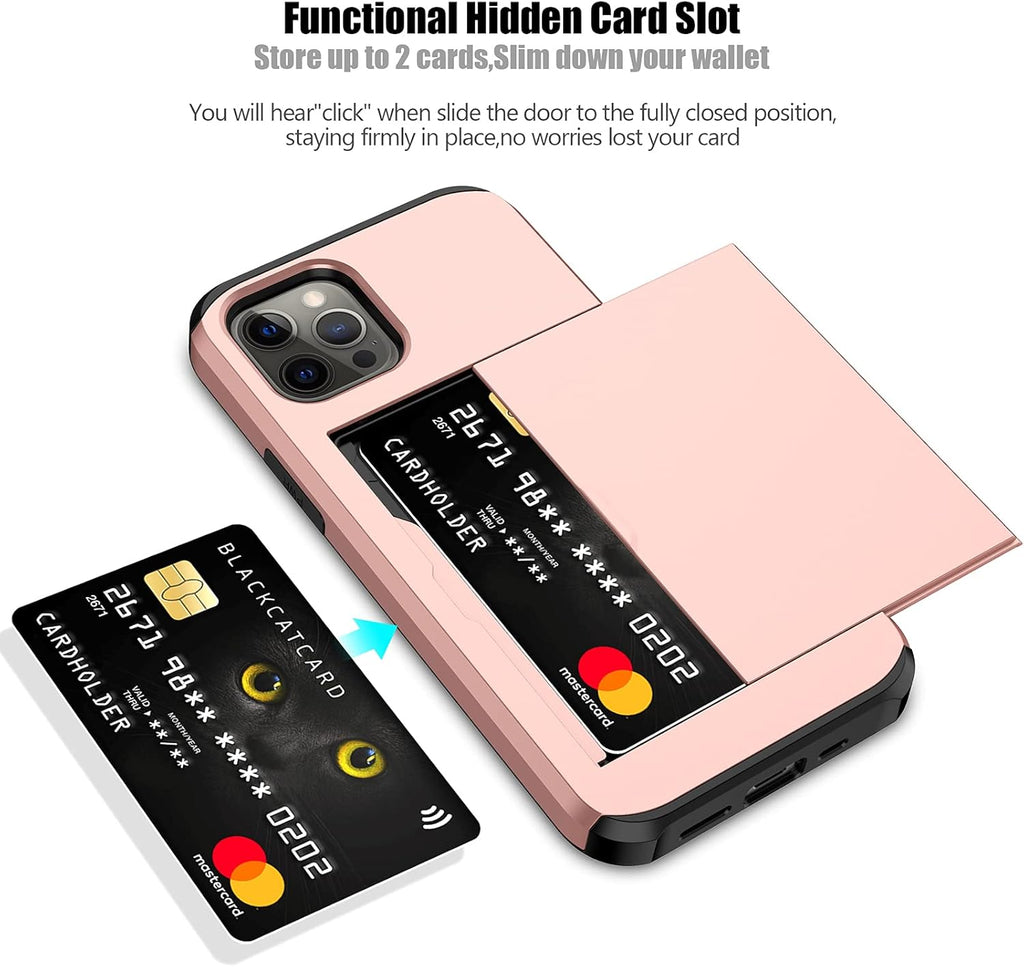 Nvollnoe for iPhone 12/iPhone 12 Pro Case with Card Holder Heavy Duty Protective Dual Layer Shockproof Hidden Card Slot Slim Wallet Case for iPhone 12/12 Pro for Men&Women(Rose Gold)