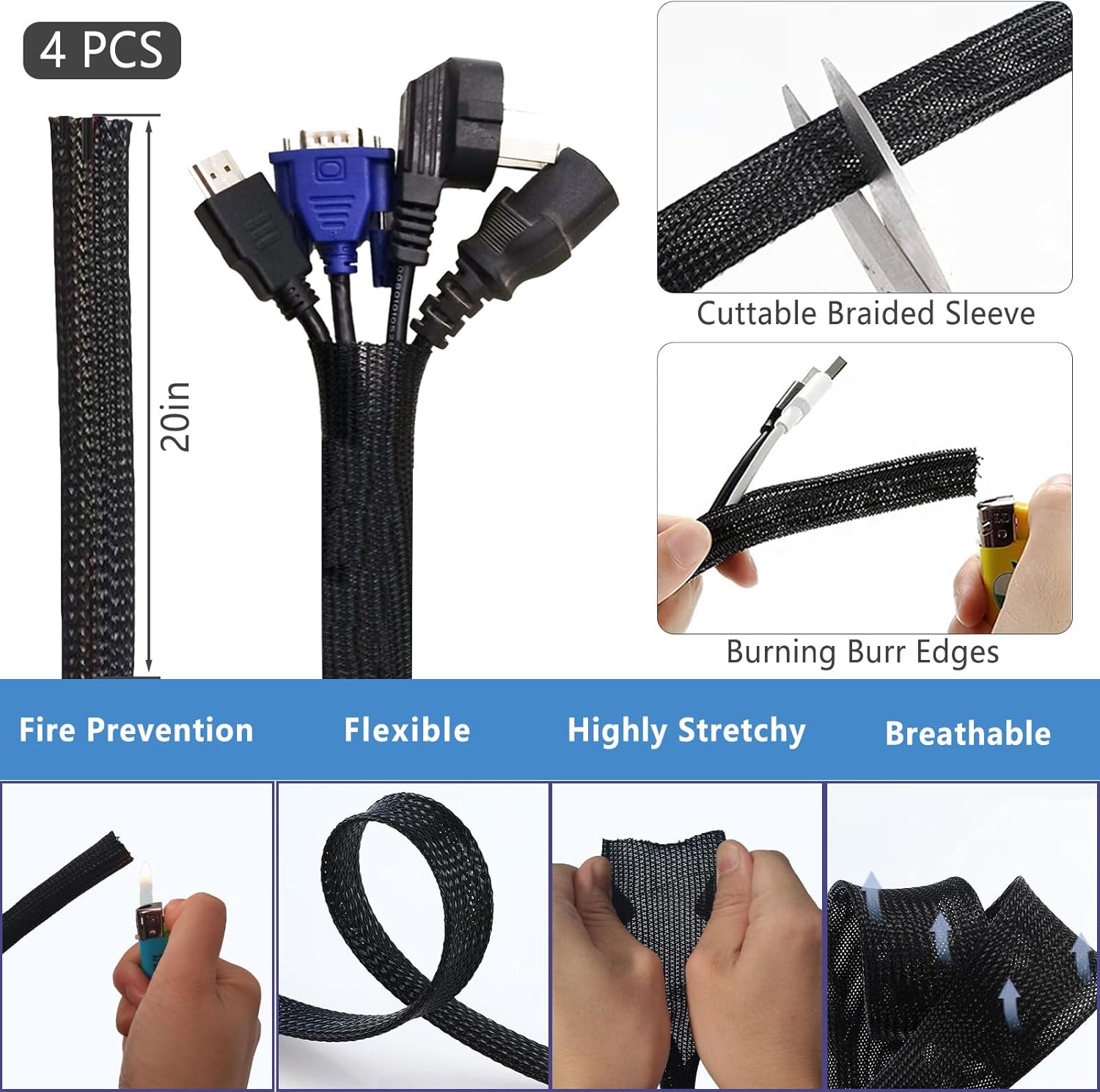 ELII 327PCS White Cable Management Kit 4 Cable Cable Sleeves, 65 Cable Clips with 13Cord Holders,20+5Roll Cable Organizer Straps,200 Fastening Cable Ties,20 Cable Zip Tie Mounts for Computer (White)