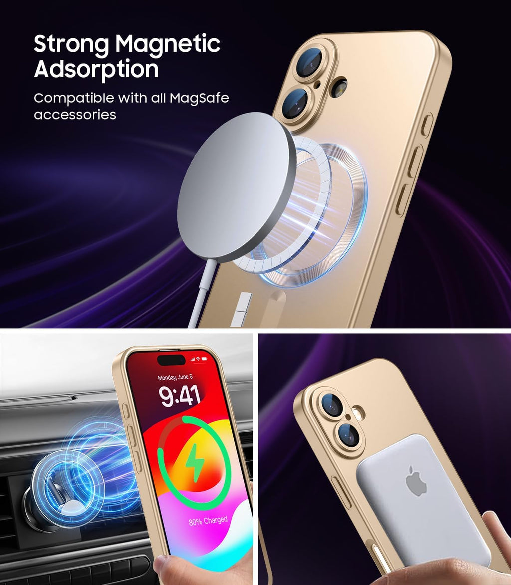 Magnetic for iPhone 16 Plus Case [Compatible with MagSafe][Built-in Camera Lens Protector] Slim Soft Silicone Bumper Shockproof Metallic Luster Phone Case (Gold)