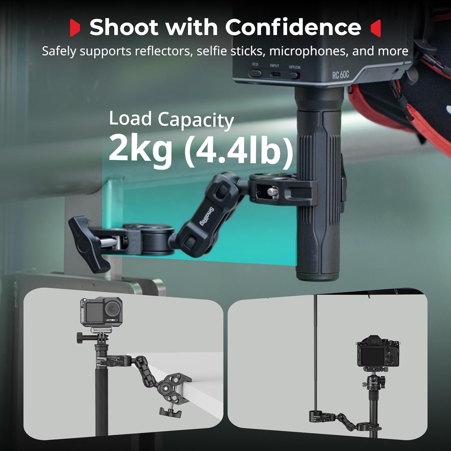 SMALLRIG Double Super Clamp Mount with Magic Arm, 360° Ballhead Pole Clamp for Umbrella, Chair Monitor Desk Photo Studio Light Stand, Photography Reflector, Motorcycle,Tripod Mount for Cross Bar
