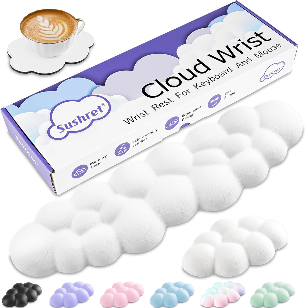 Cloud Wrist Rest Keyboard, Cloud Keyboard Wrist Pad Set with PU Leather Memory Foam, Cute Arm Rest for Palm Support, PC/Gaming Desk Accessories/Office Setup/Computer Hand Cushion - White