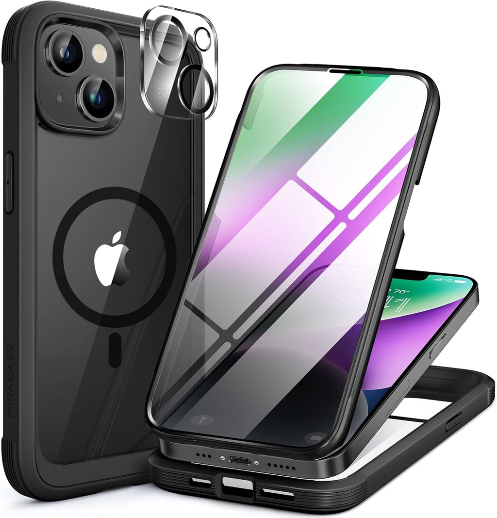 Miracase for iPhone 14 Case 6.1'', [Bubble Free] Full-Body Bumper Phone case with Built-in Full Glass Screen &Lens Protector,No Gap,Compatible with MagSafe,Drop Proof 14 Cover,Black