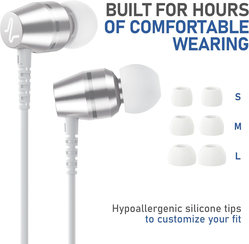 LUDOS OMNITONE Wired Earbuds in-Ear Headphones, 5 Years Warranty, Earphones with Microphone, 3.5 mm Jack Corded Ear Buds, Videoconference for iPhone, Samsung, Laptop, Kids, School Students - White