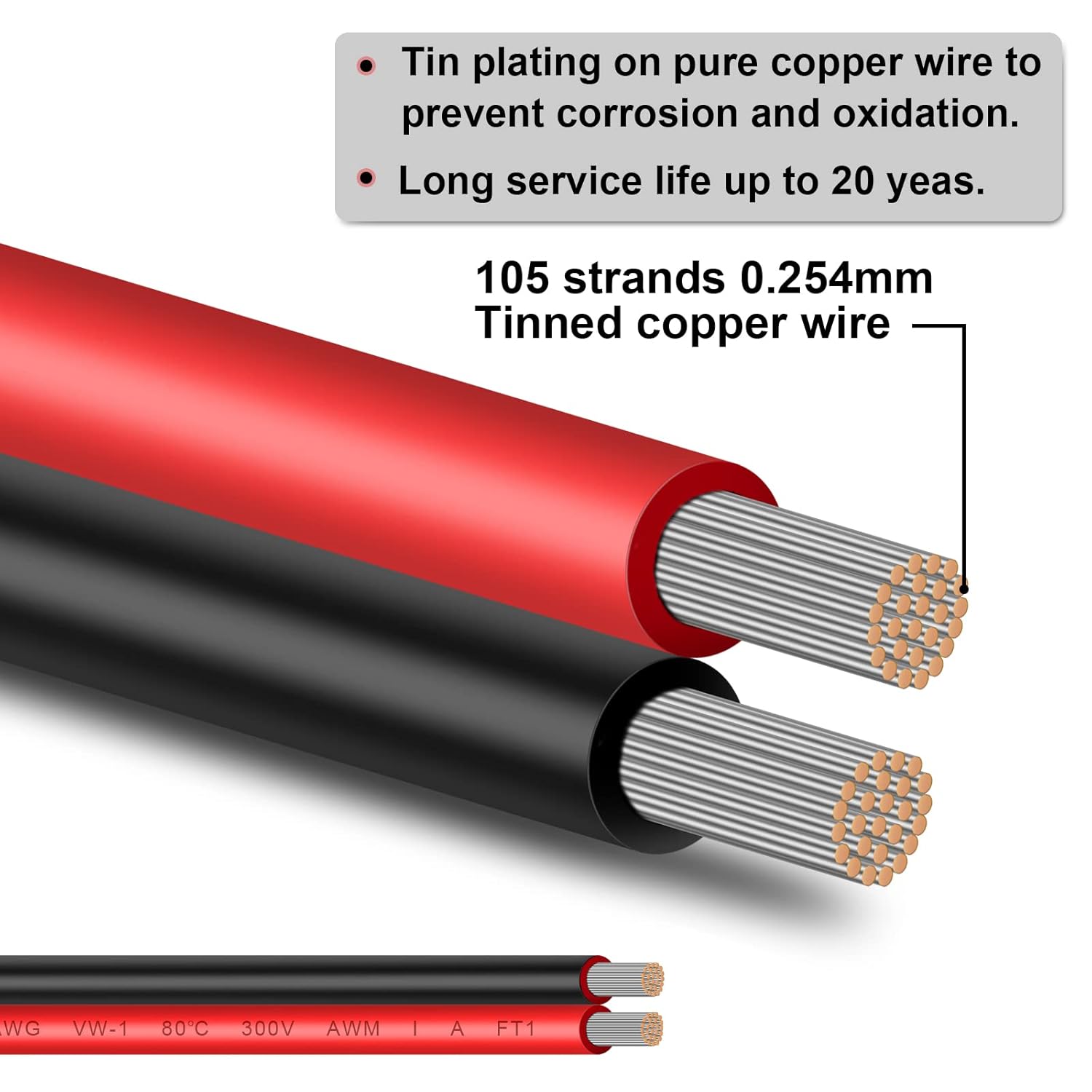 10 Gauge Wire 100FT Tinned Copper Wire-2 Conductor Parallel Wire Insulated Stranded Wire for Solar Panel Car Audio Automotive Low Voltage Electrical Wire for LED Lighting (10AWG 100FT)
